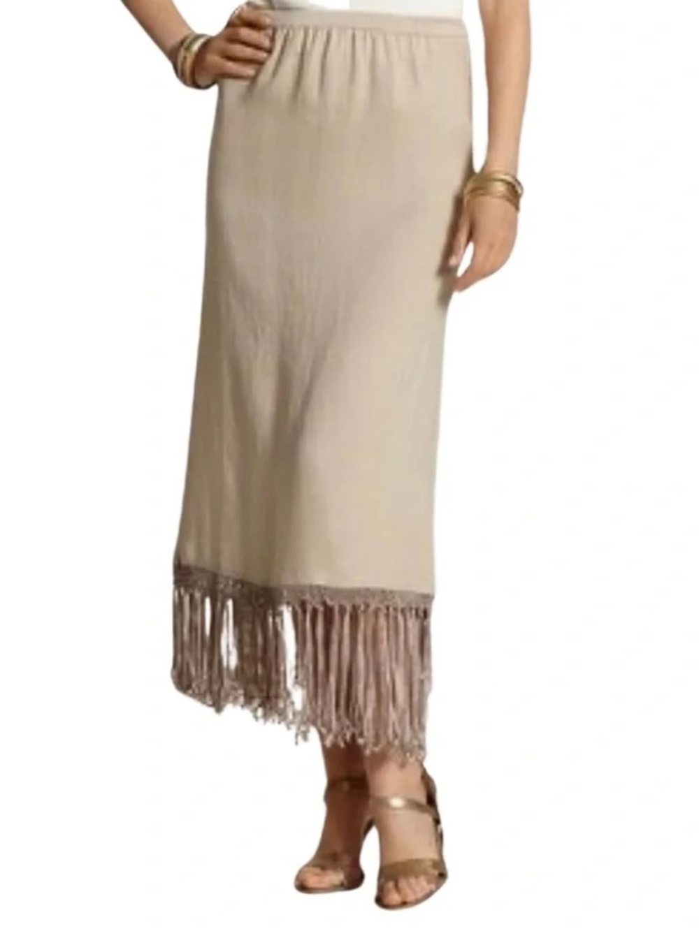 NWT Chicos Linen Francesca Fringe Tan Boho Maxi Skirt Women's Sz 8 (Equivalent)
